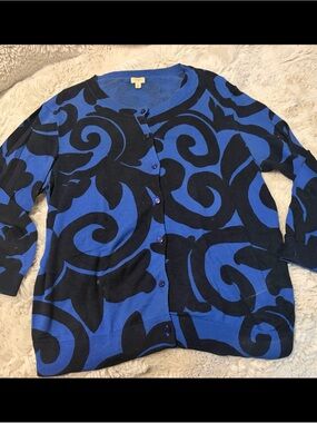 JCrew size M Bold Blue & Black Patterned Women's Cardigan Sweater
